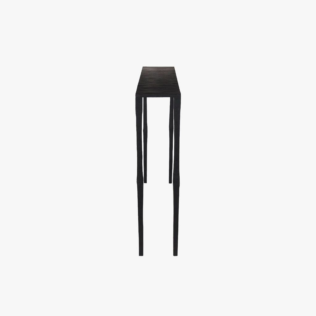 Black iron console table with narrow depth on a white background