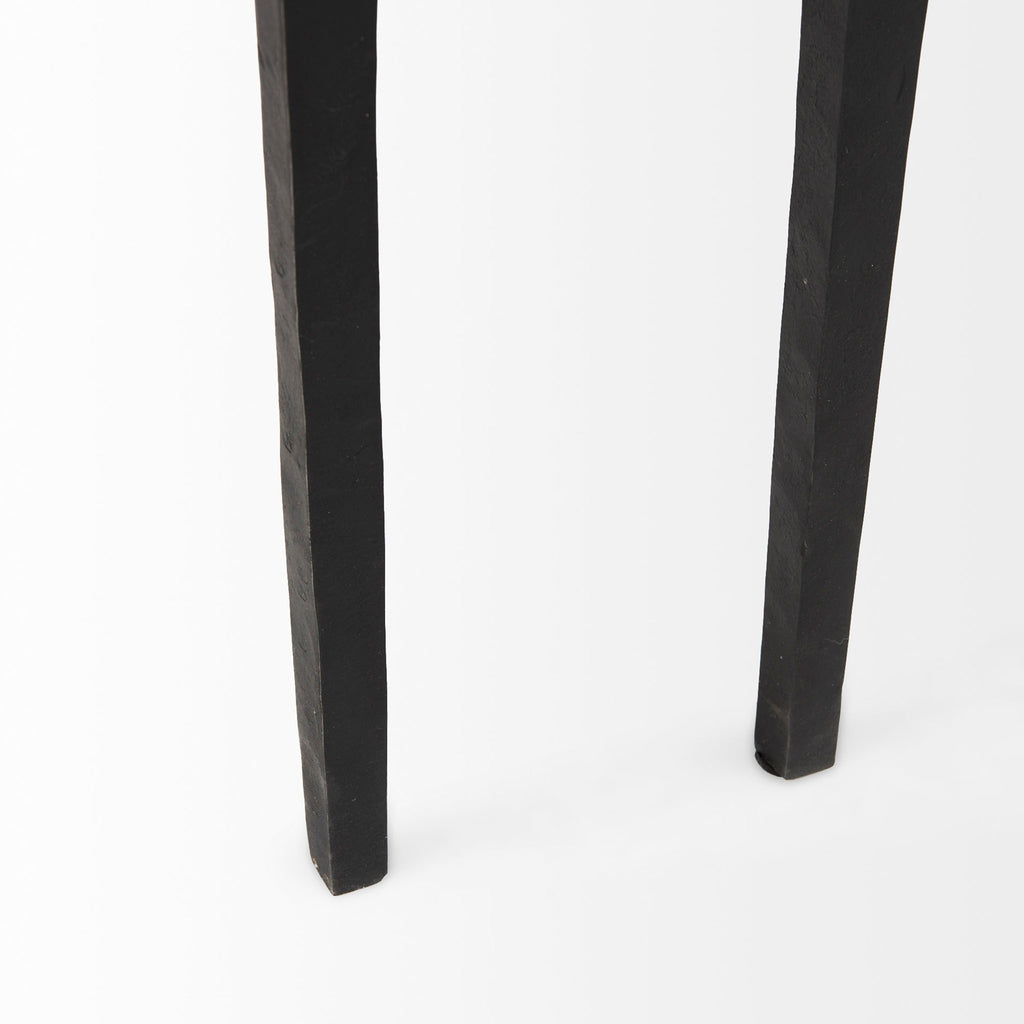Black iron console table with narrow depth on a white background