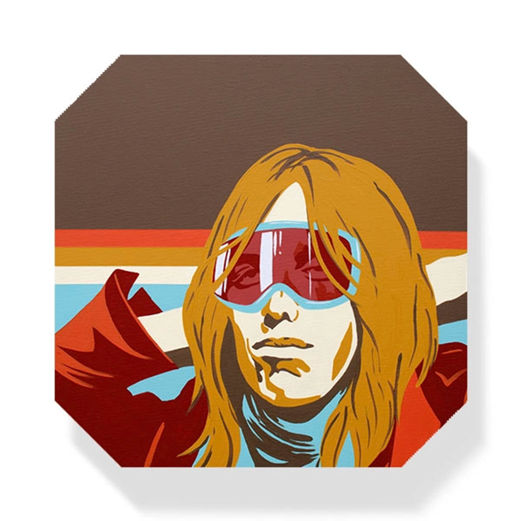 Square coaster with illustration of Tom Petty wearing ski goggles by Shannon Henn on a white background
