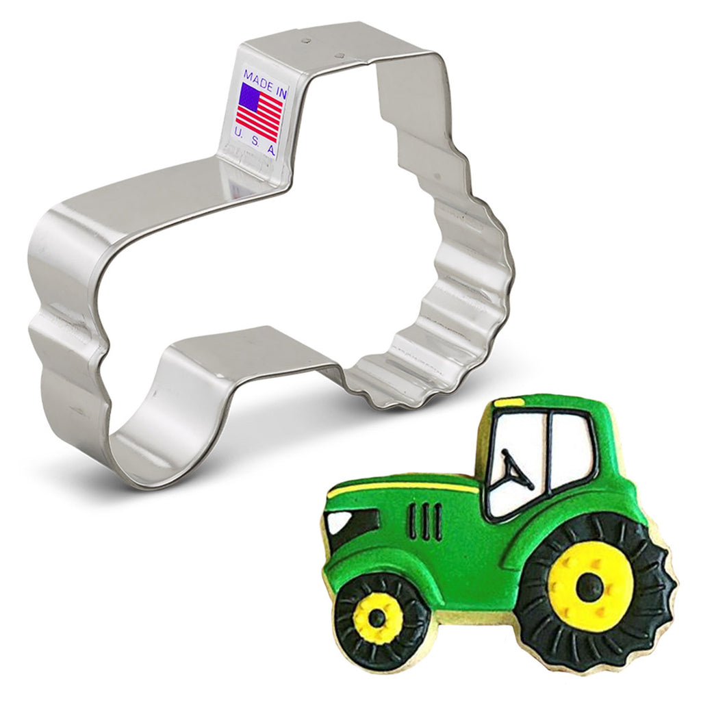 Tractor shaped cookie cutter by Ann Clark on a white background
