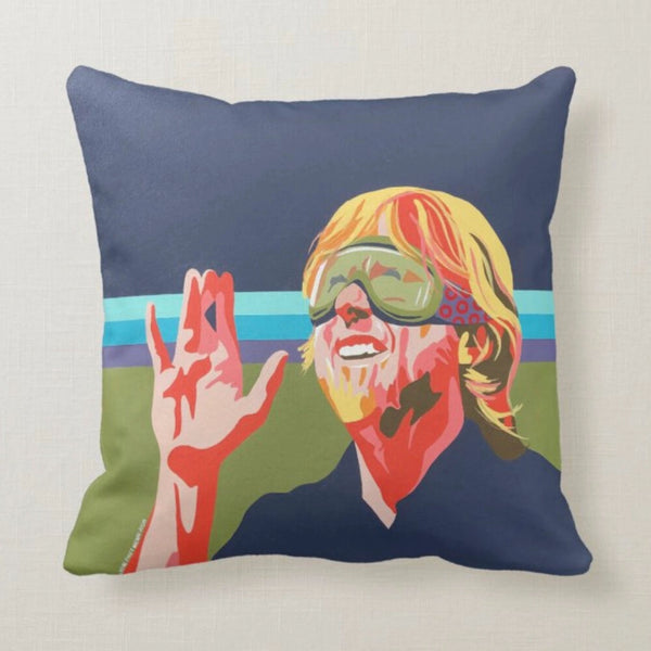 Trey illustrated Throw Pillow by shannon henn with jerry wearing ski goggles on a white background