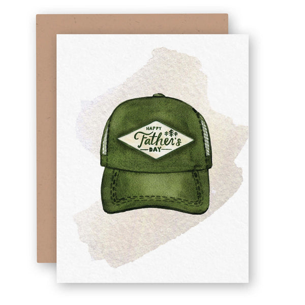 Happy Father's Day Greeting Card with green baseball hat and patch that says 'happy father's day' on a white background