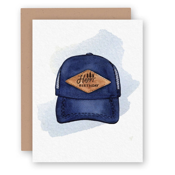 Trucker Hat Happy Birthday Card with blue hat and stitched patch that says happy birthday 