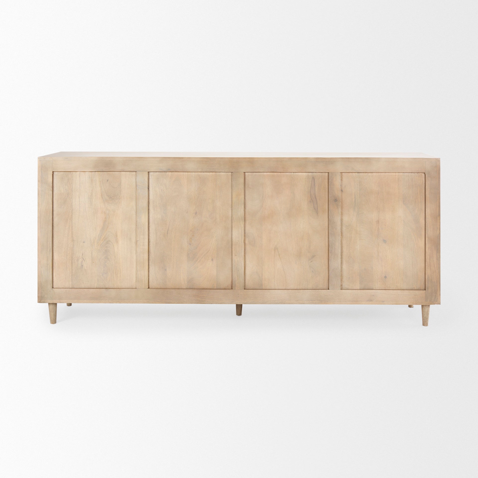 back of Tucker Light Brown Wood w/ Carved Arch Pattern 4 Door Sideboard on a white background