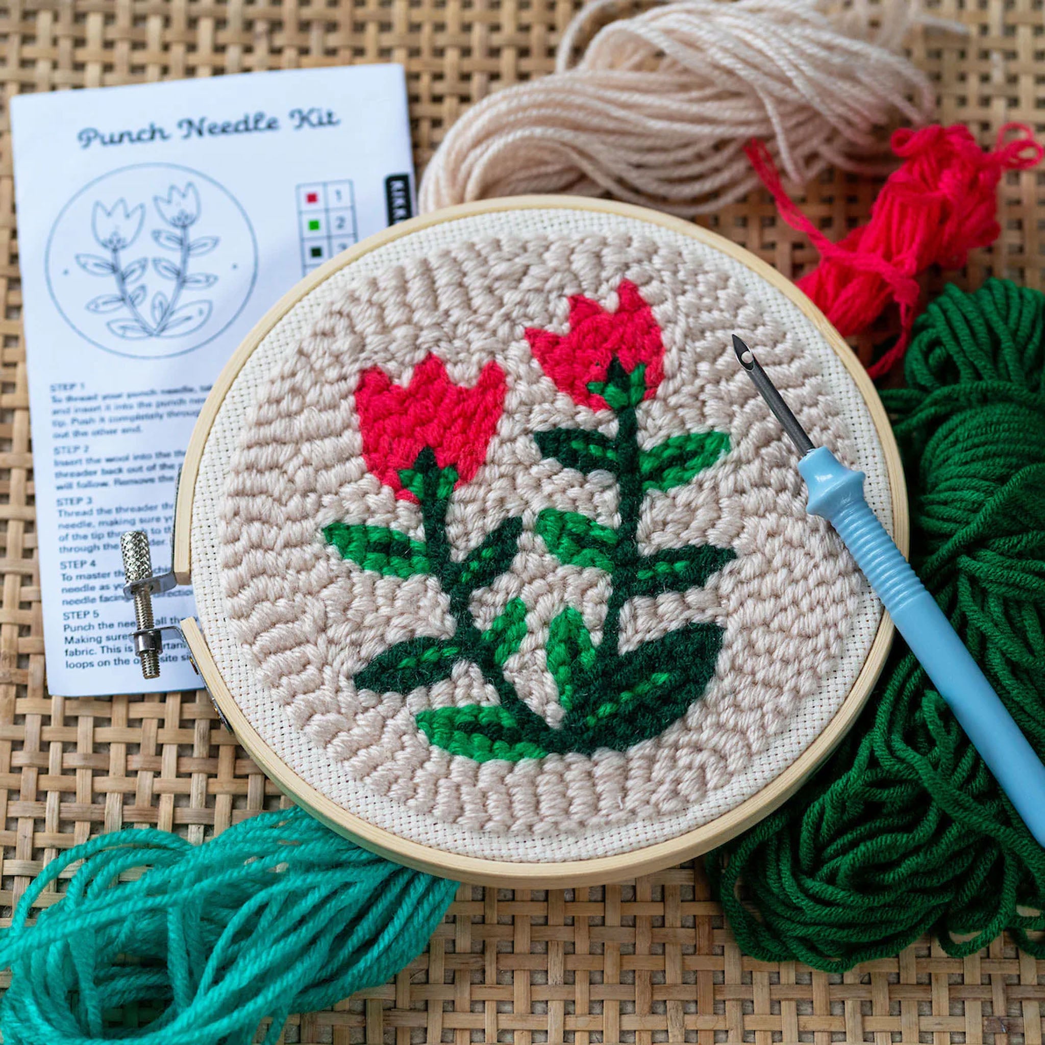 Tulips Punch Needle Kit on a wood table at Addison West