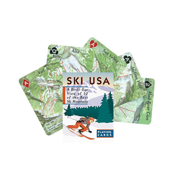 Ski USA playing cards showing different mountains on a white background