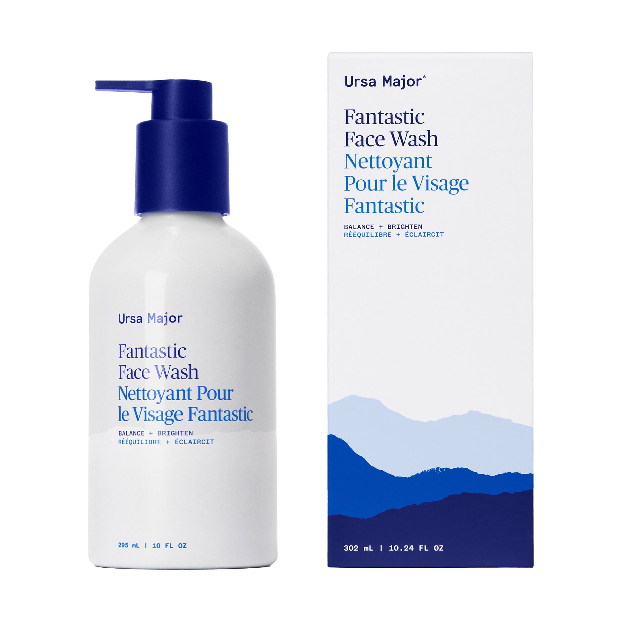 Ursa Major Fantastic Face Wash with pump and packaging on a white background