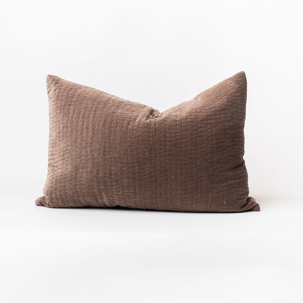 Indaba velvet kantha stitch pillow in taupe on a white background