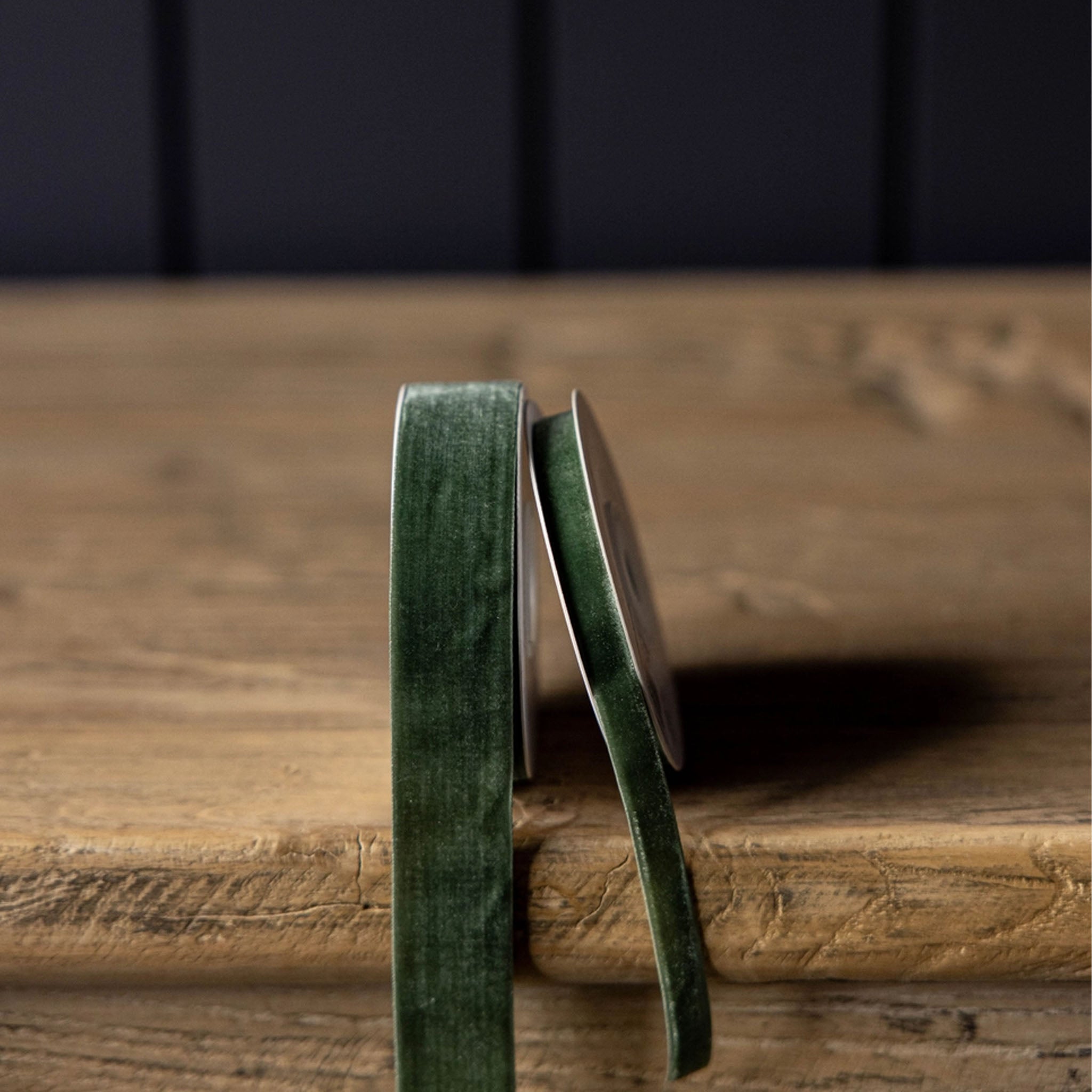 Velvet Ribbon in Forest Green, Medium on a wood table at Addison West