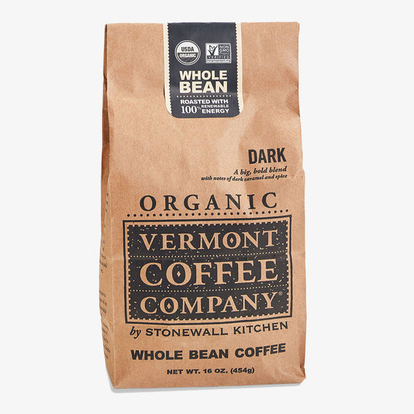 Vermont Coffee Company Dark Whole Bean Coffee in a brown craft bag on a white background