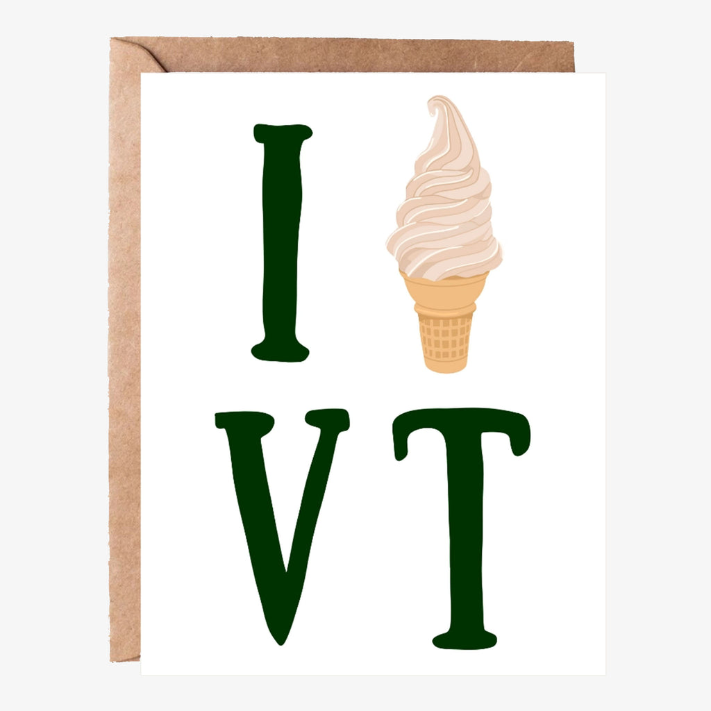 Greeting card with saying I love vermont with a cremee cone on a white background