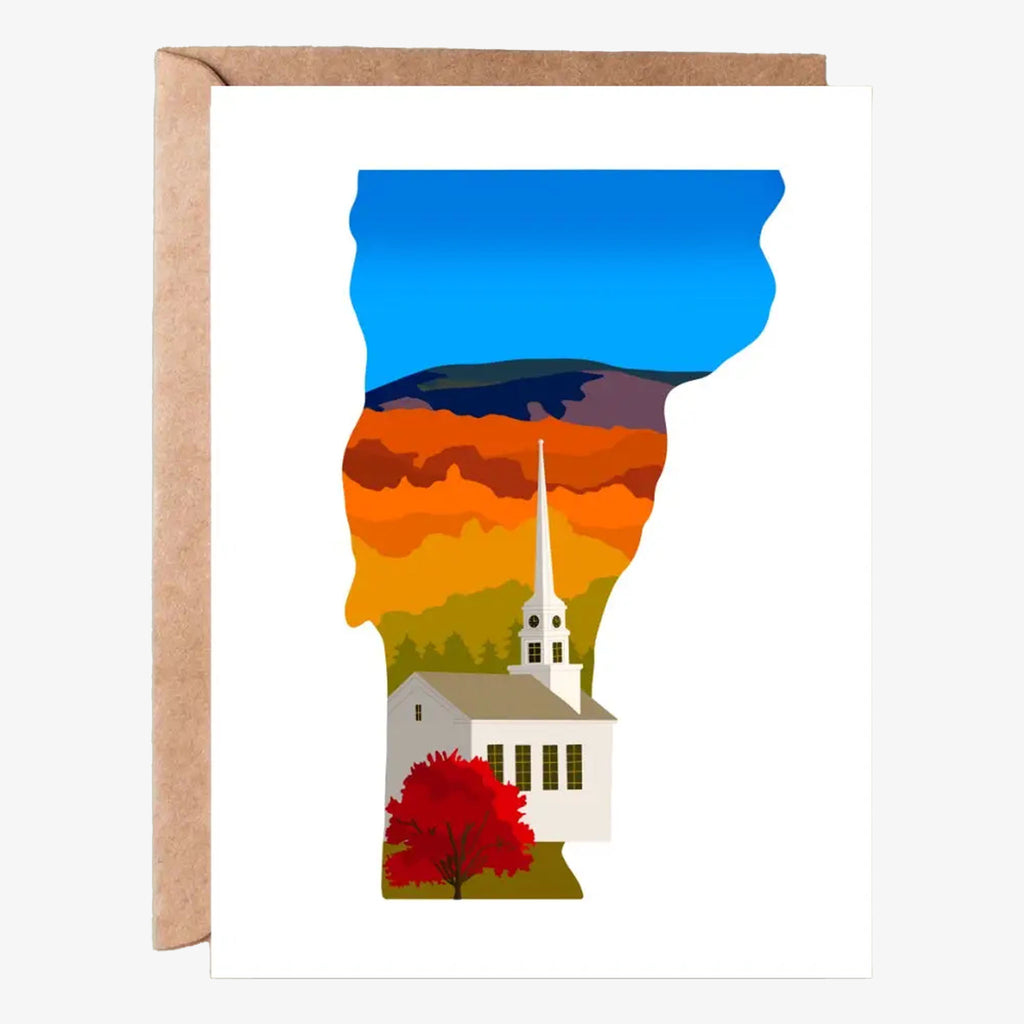 Greeting card with shape of Vermont in Fall colors on a white background