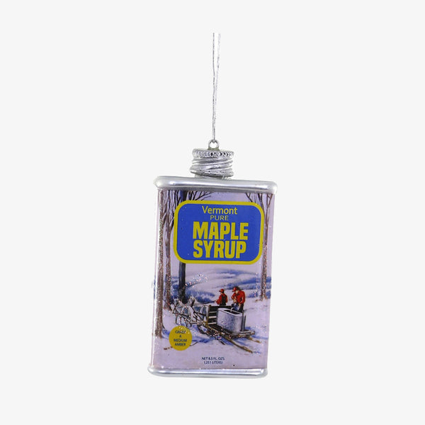 Vermont Maple Syrup tin ornament on a white background