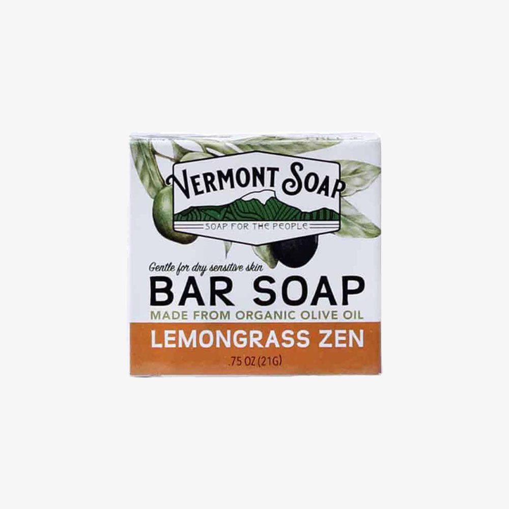 Vermont Soap Company lemongrass zen amenity bar soap on a white background