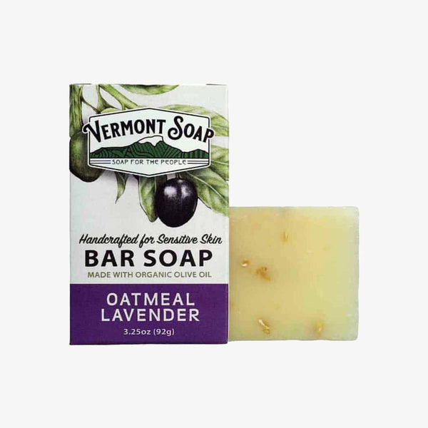 Vermont Soap company oatmeal lavender boxed soap on a white background