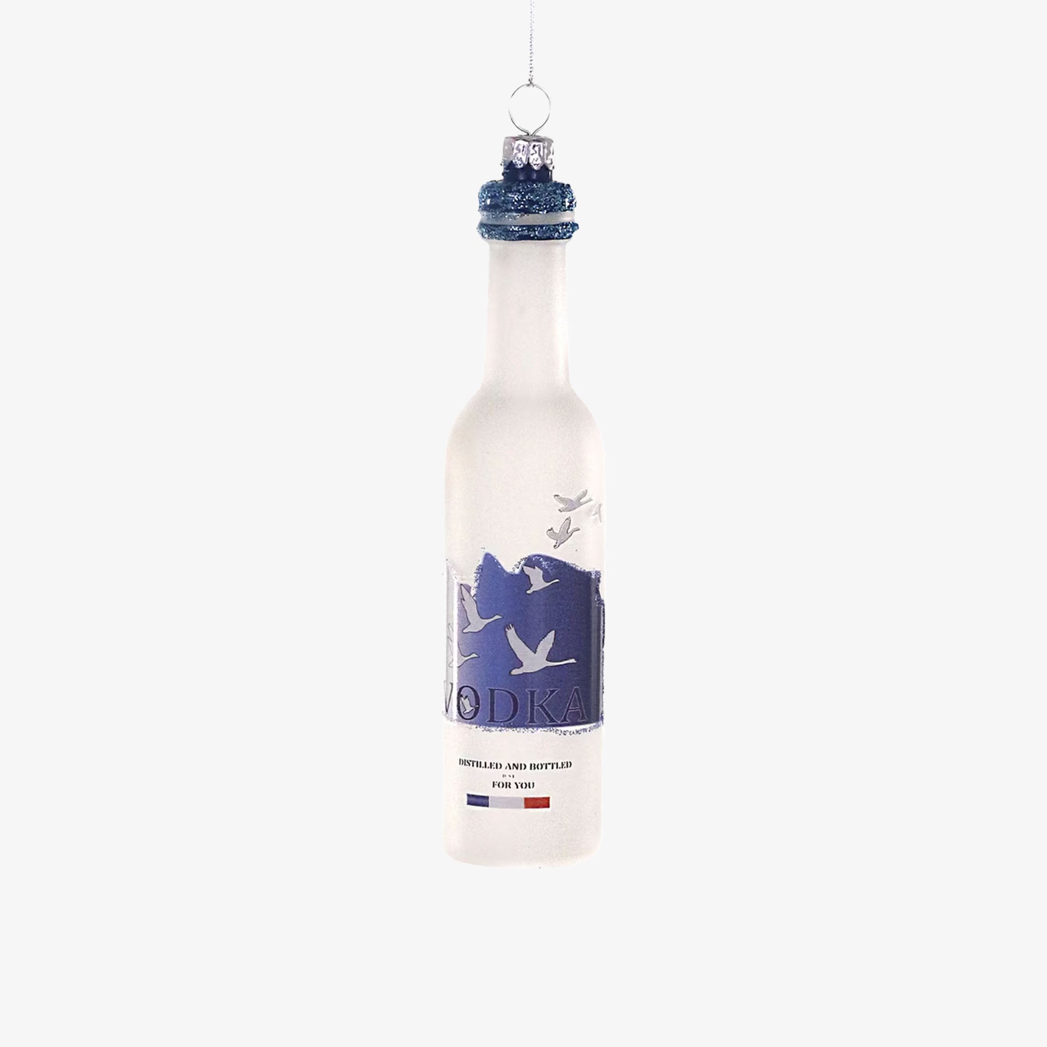 Grey Goose Vodka bottle ornament on a white background