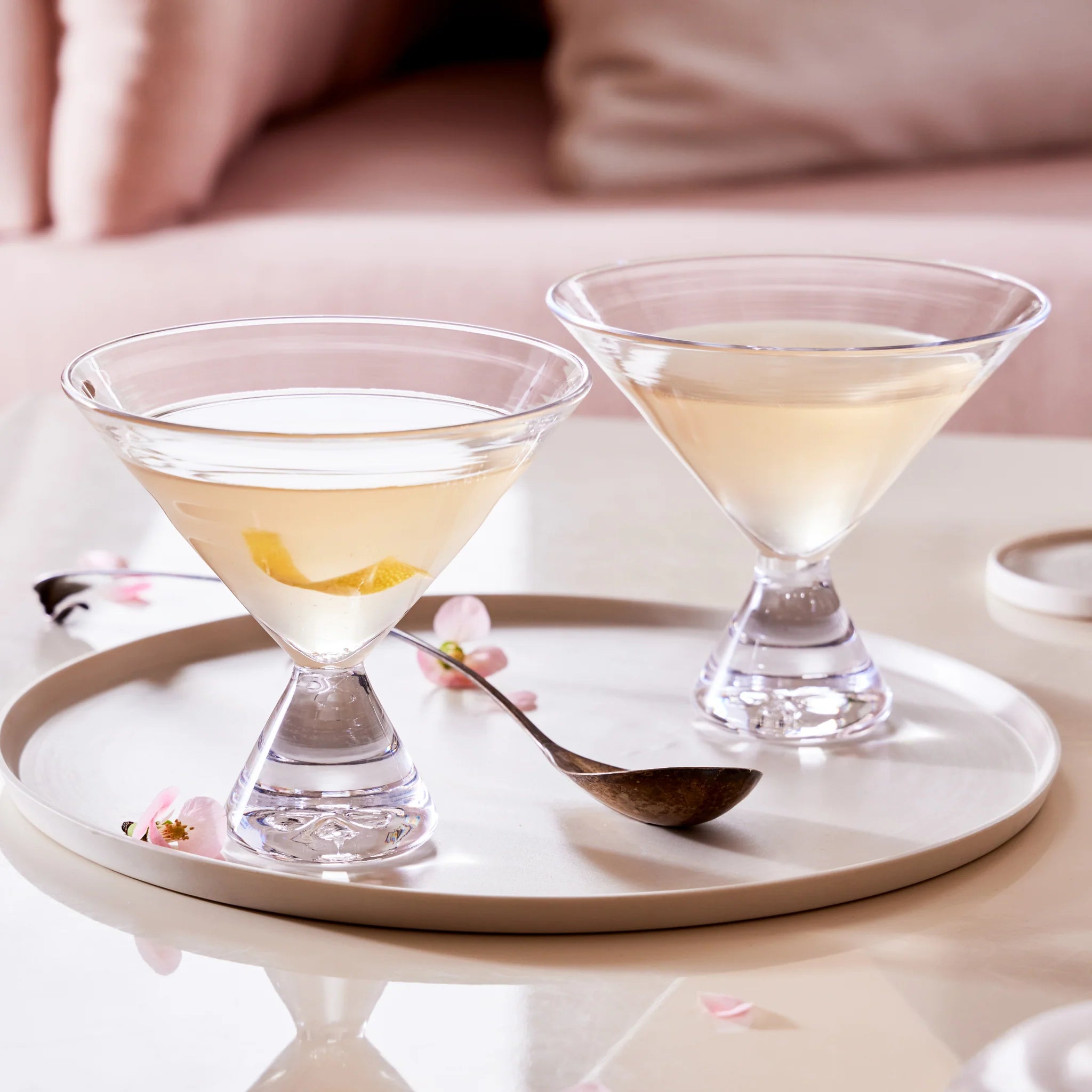 Westport Stemless Martini, Set of 2 on a white table at Addison West 