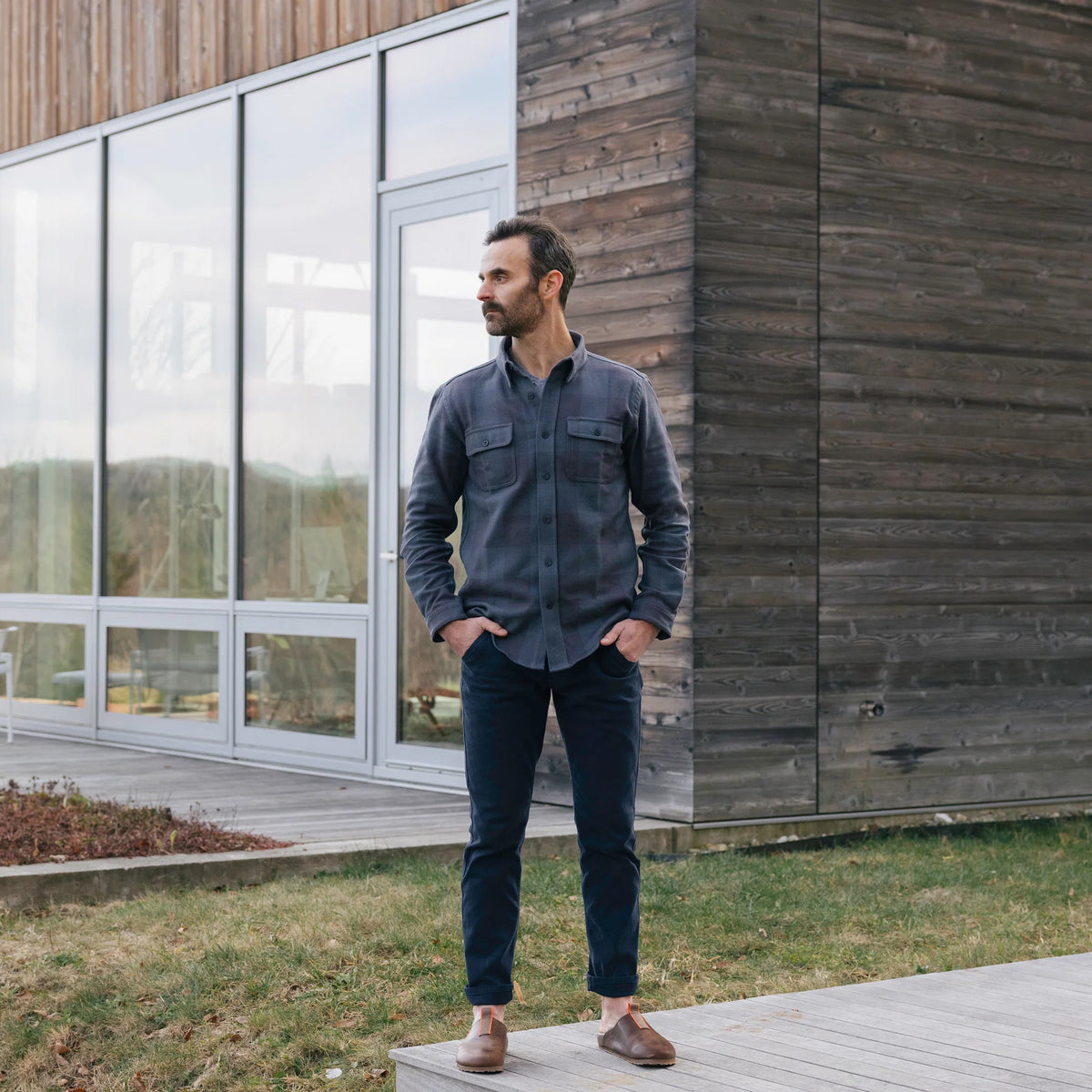 Warren Six Season Flannel in Deepwater on a model at Addison West