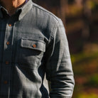 Warren Six Season Flannel in Lichen on a model at Addison West