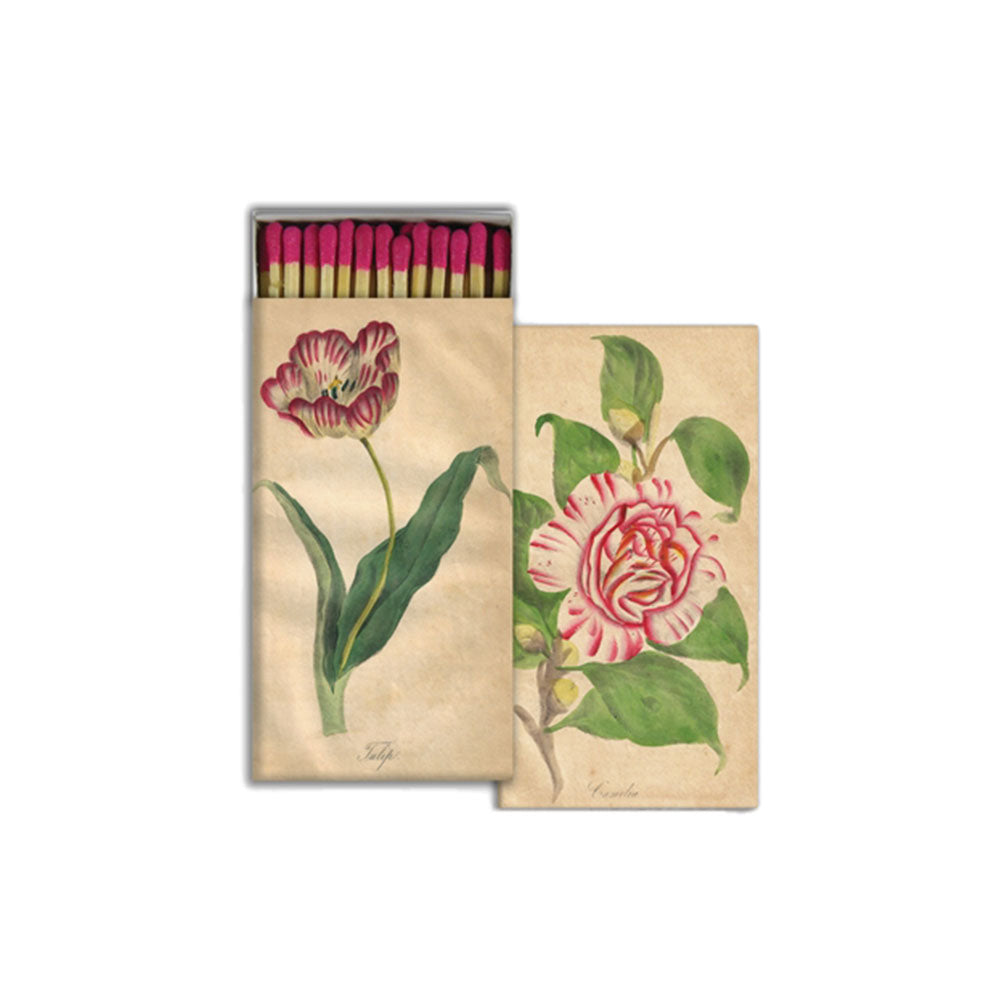 Watercolor flowers match box by homart with vintage floral image on a white background