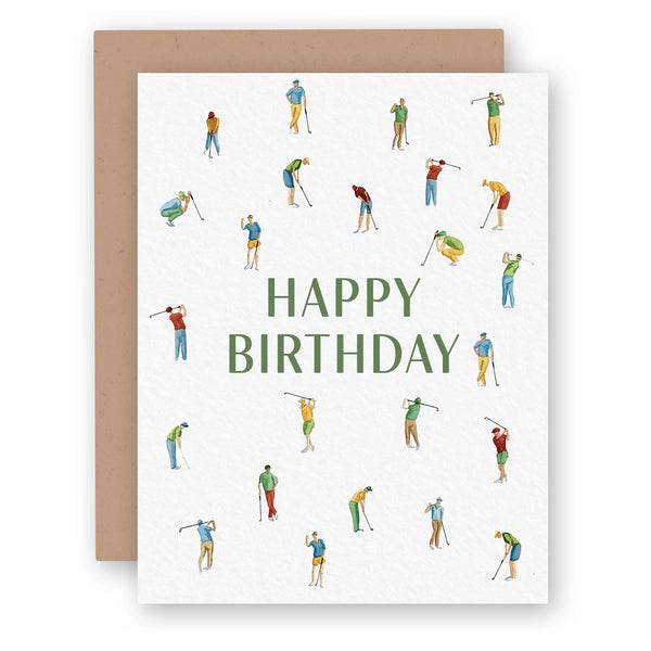 Golfer Birthday Greeting Card with Happy Birthday written in green and golfers in various stances on a white background