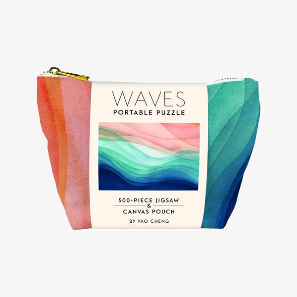 'Waves' Portable puzzle-in-a-pouch featuring soothing artwork by beloved artist Yao Cheng on a white background