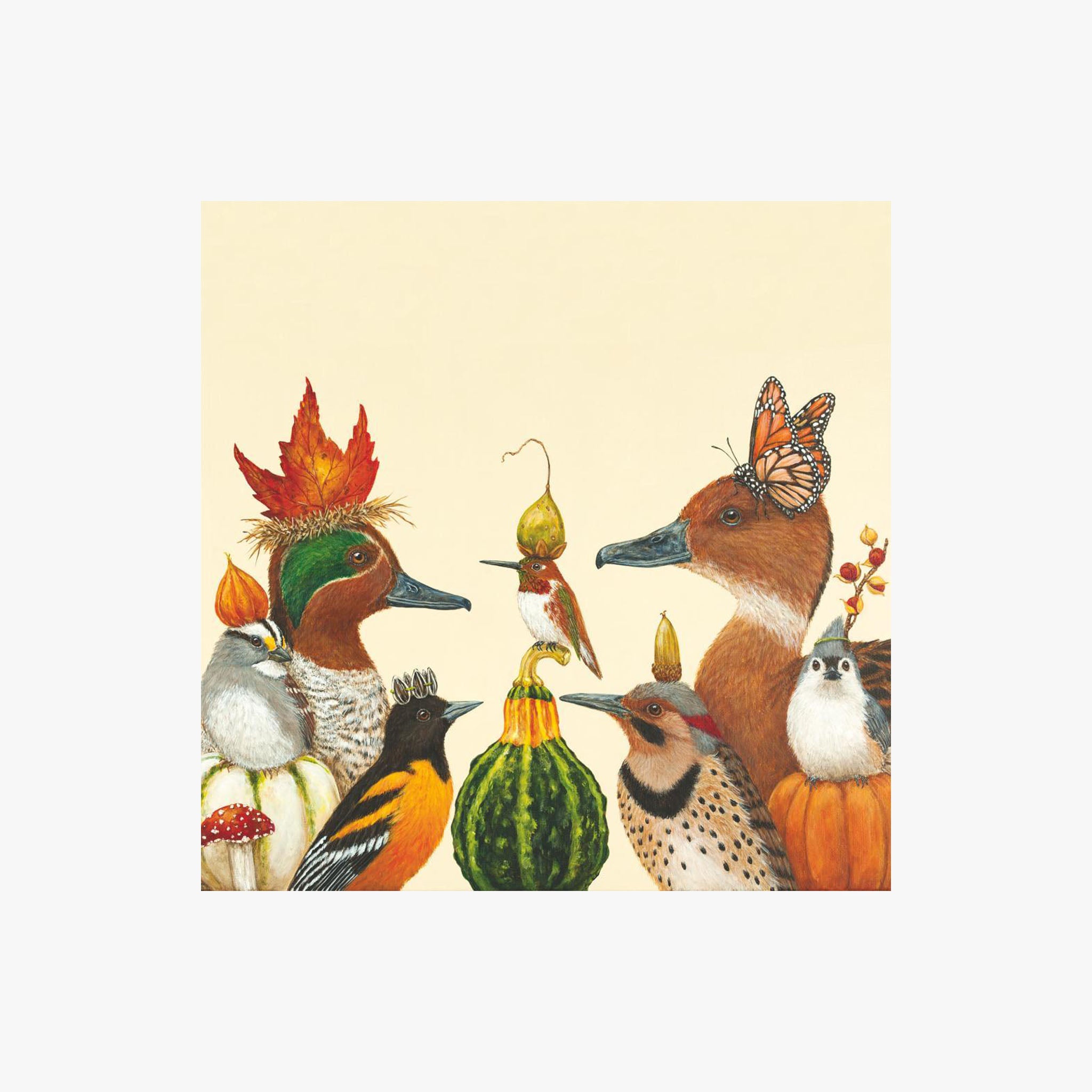 Cocktail napkins with birds and fruit hats