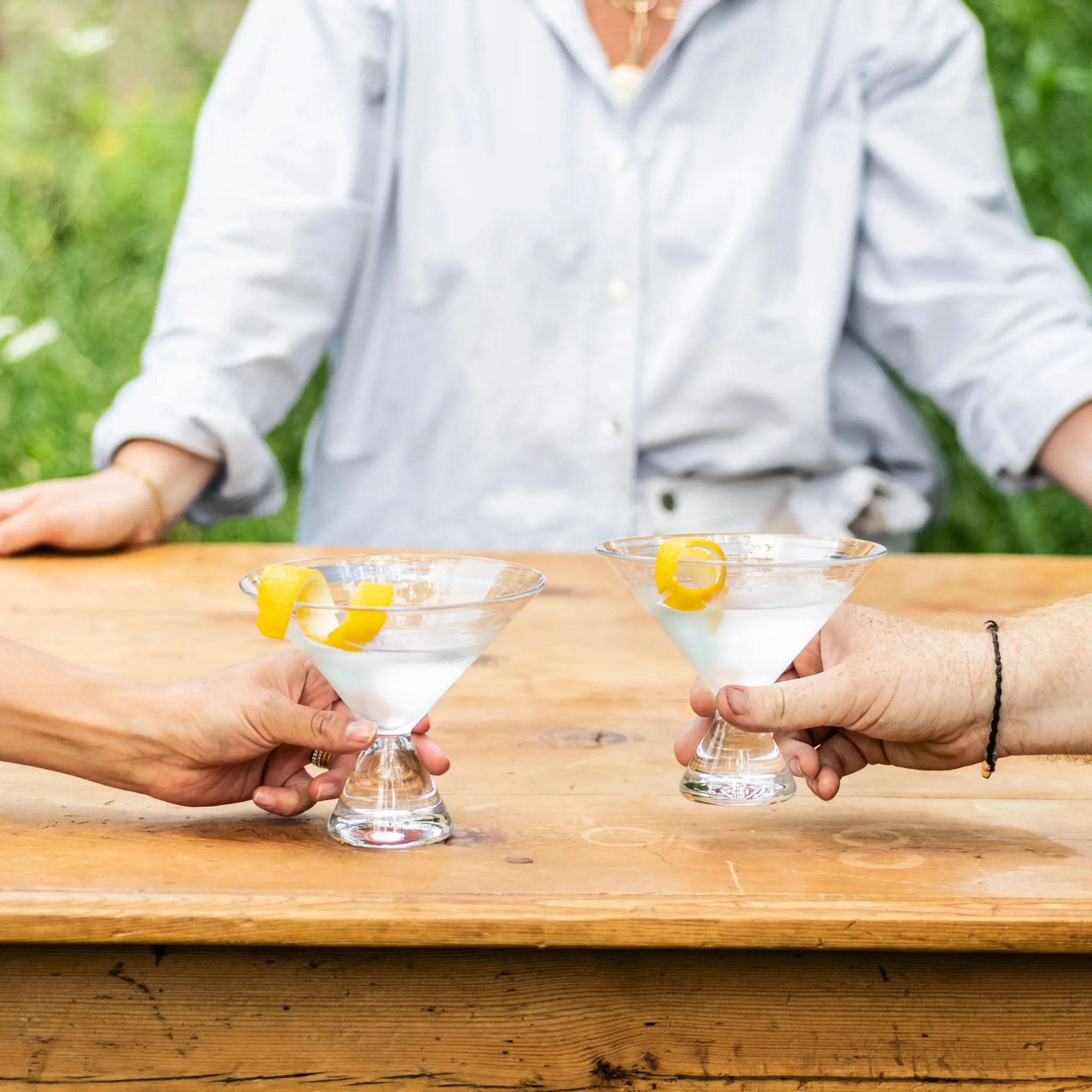 Westport Stemless Martini, Set of 2 on a wood table at Addison West 