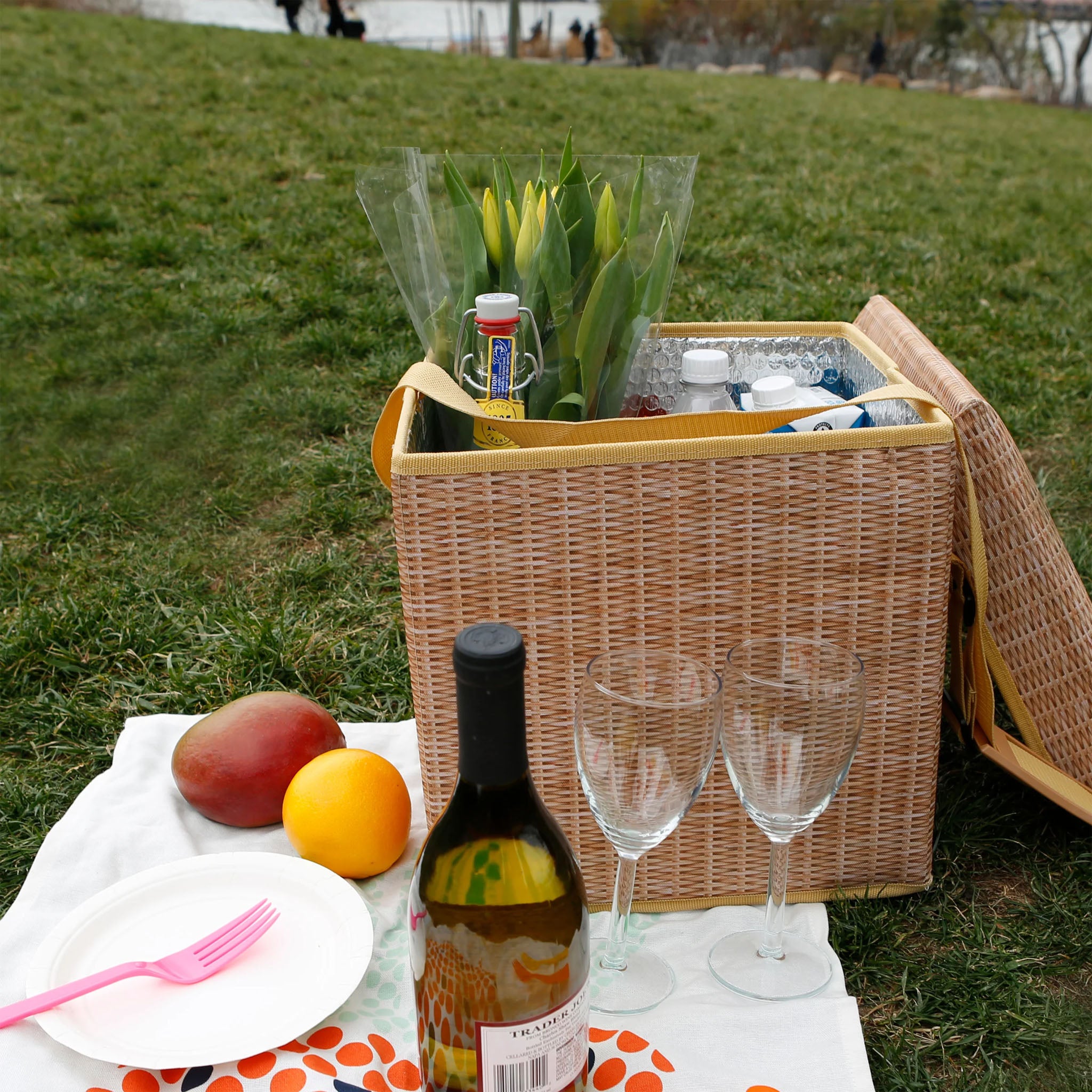 Wicker Picnic Cooler Seat on grassy lawn with wine and glasses 