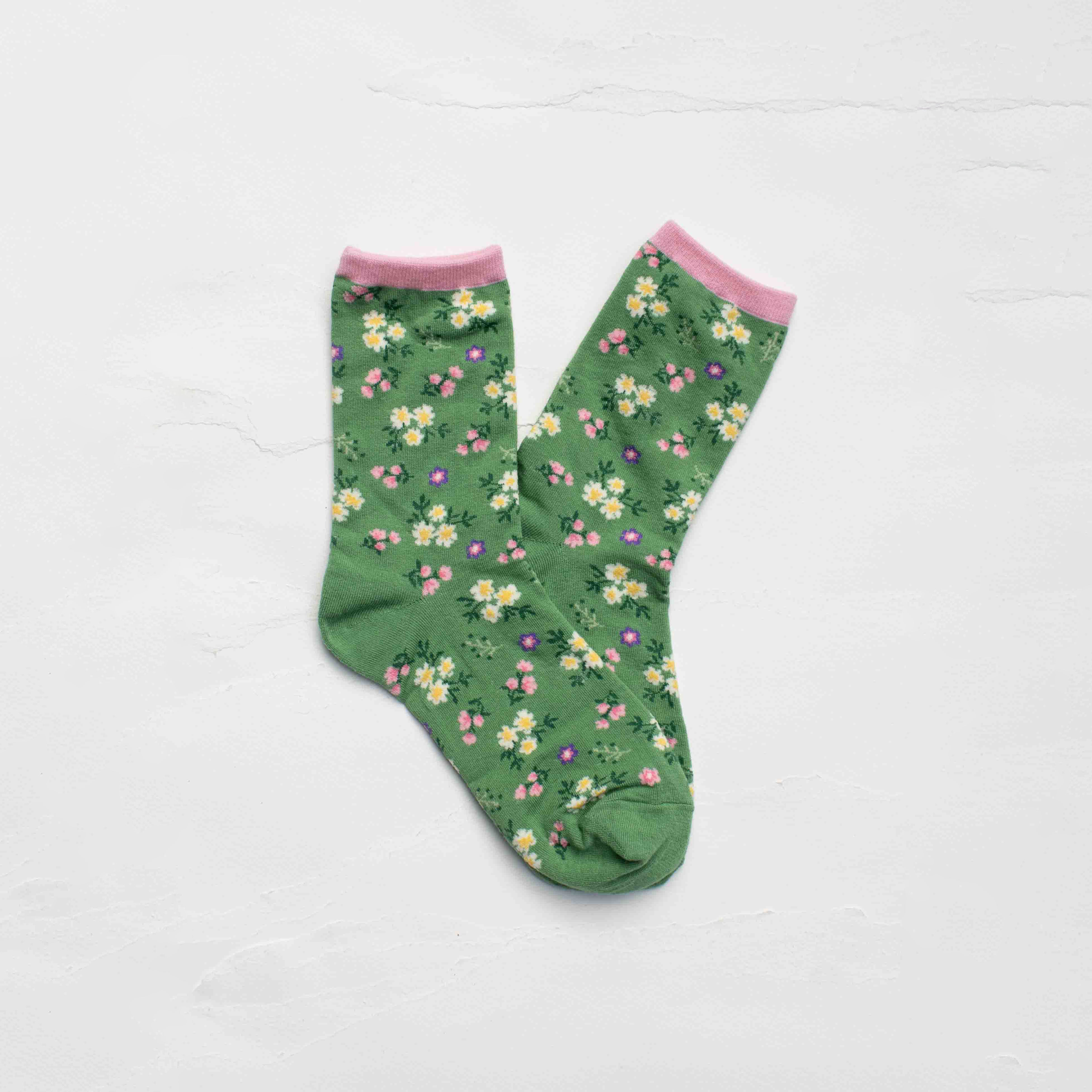 Wildflower Socks in Sage on a white background at Addison West