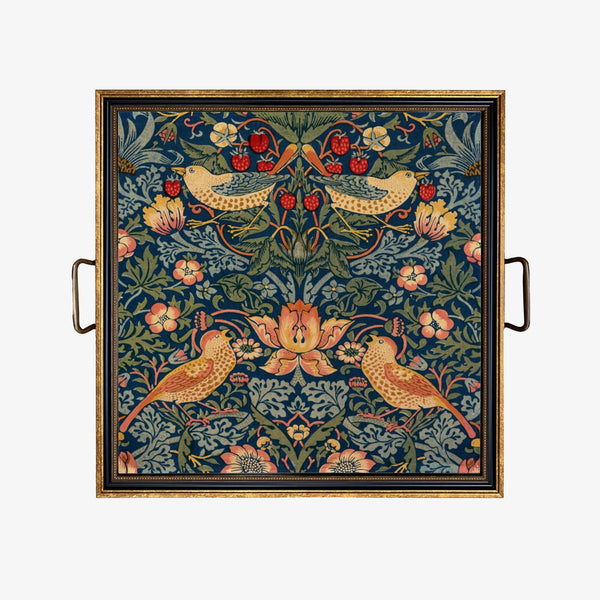 Square tray with handles and gold border with William Morris Stawberry thif wallpaper insert on a white background