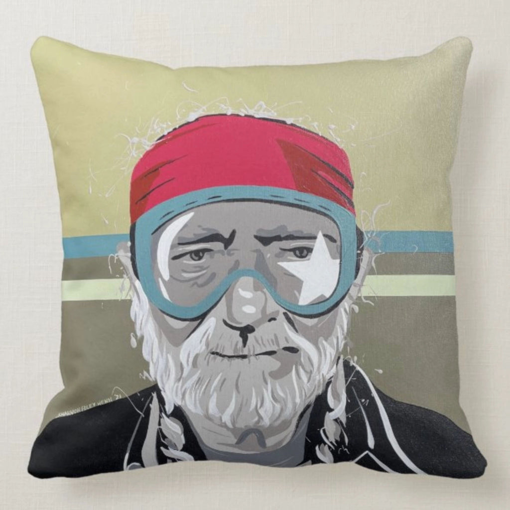 Willie Nelson illustrated Throw Pillow by shannon henn with jerry wearing ski goggles on a white background