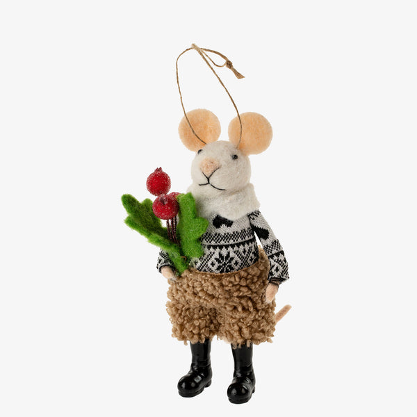 Indaba Winterberry Willa felted mouse ornament with fuzzy pants, boots and bouquet on a white background
