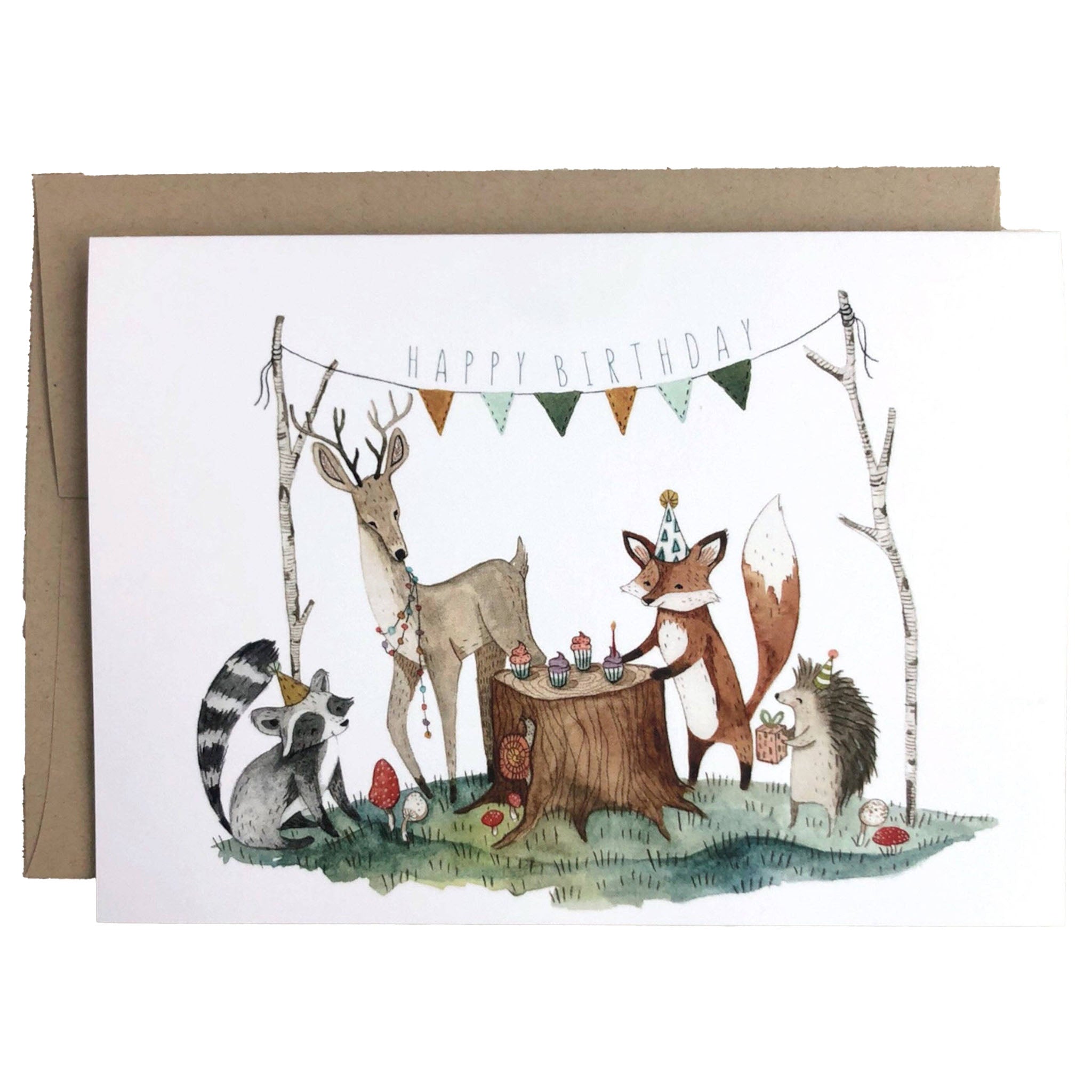 Illustrated happy birthday greeting card with fox and deer and raccoon with birthday bannet on a white background