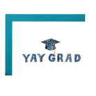 Yay Grad Greeting Card with floral cap and gown and blue envelope on a white background