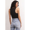 Brunette model with jeans and Z Supply Alana So Smooth Bodysuit in Black in front of a white background