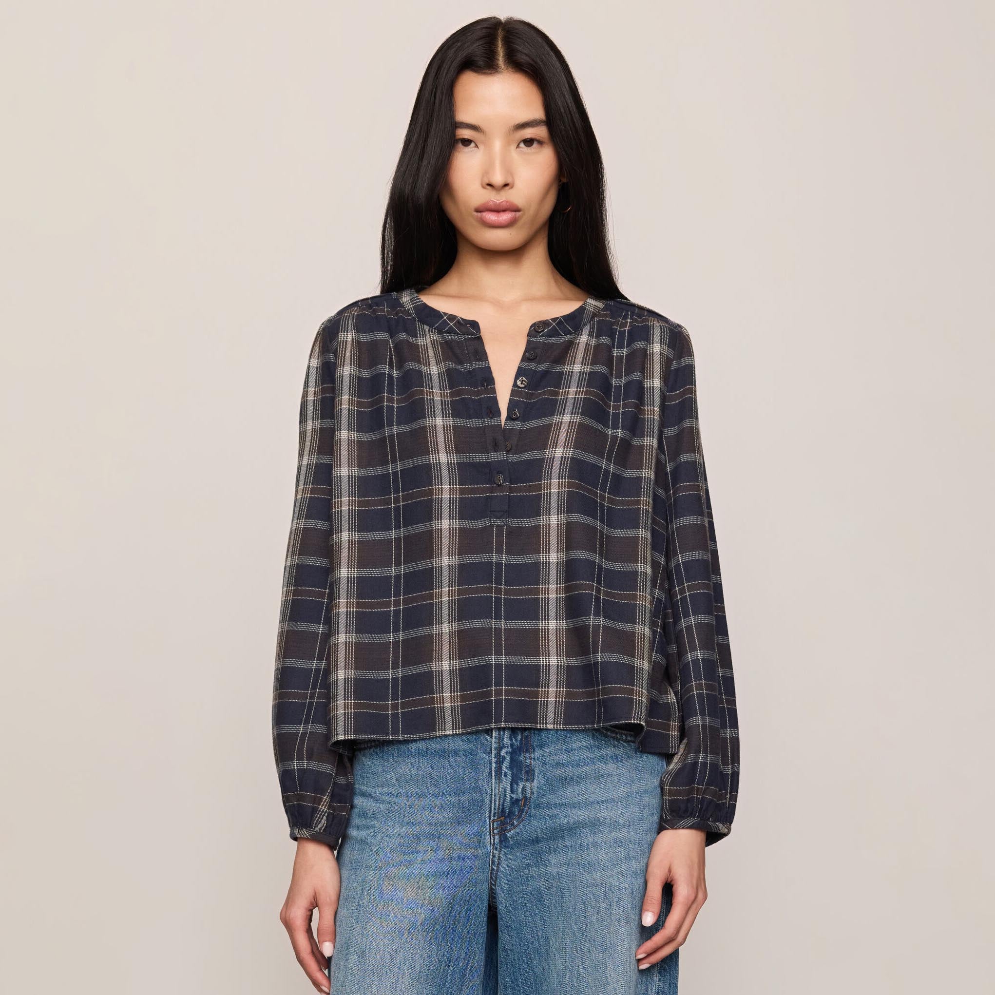 Z Supply Autumn Plaid Button Up in Eclipse shown on model on plain background.