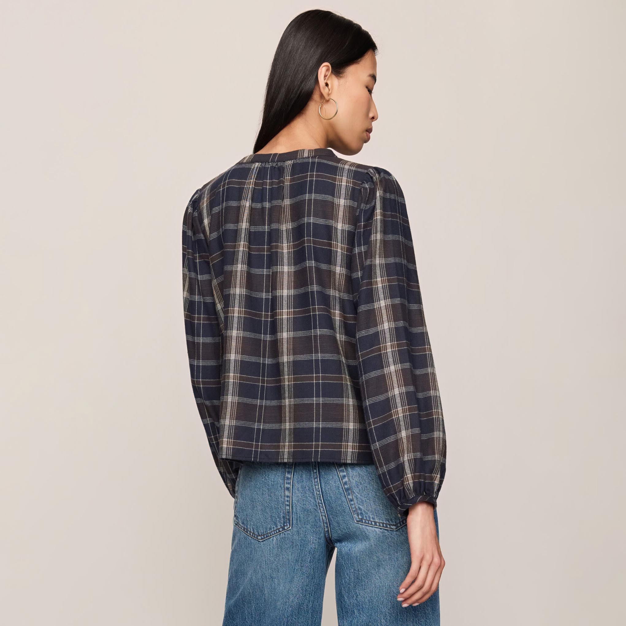 Z Supply Autumn Plaid Button Up in Eclipse shown on model on plain background.