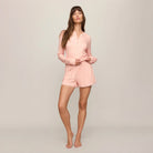 Z Supply Better Off Ditsy Shorts in Rosewater shown on model on plain background.