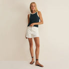 Woman wearing Z Supply Clarke Rib Tank in Eclipse on plain background at Addison West.