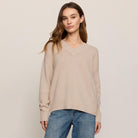 Z Supply Cloud Spun V-neck Sweater in Frosted Pearl shown on model on plain background.