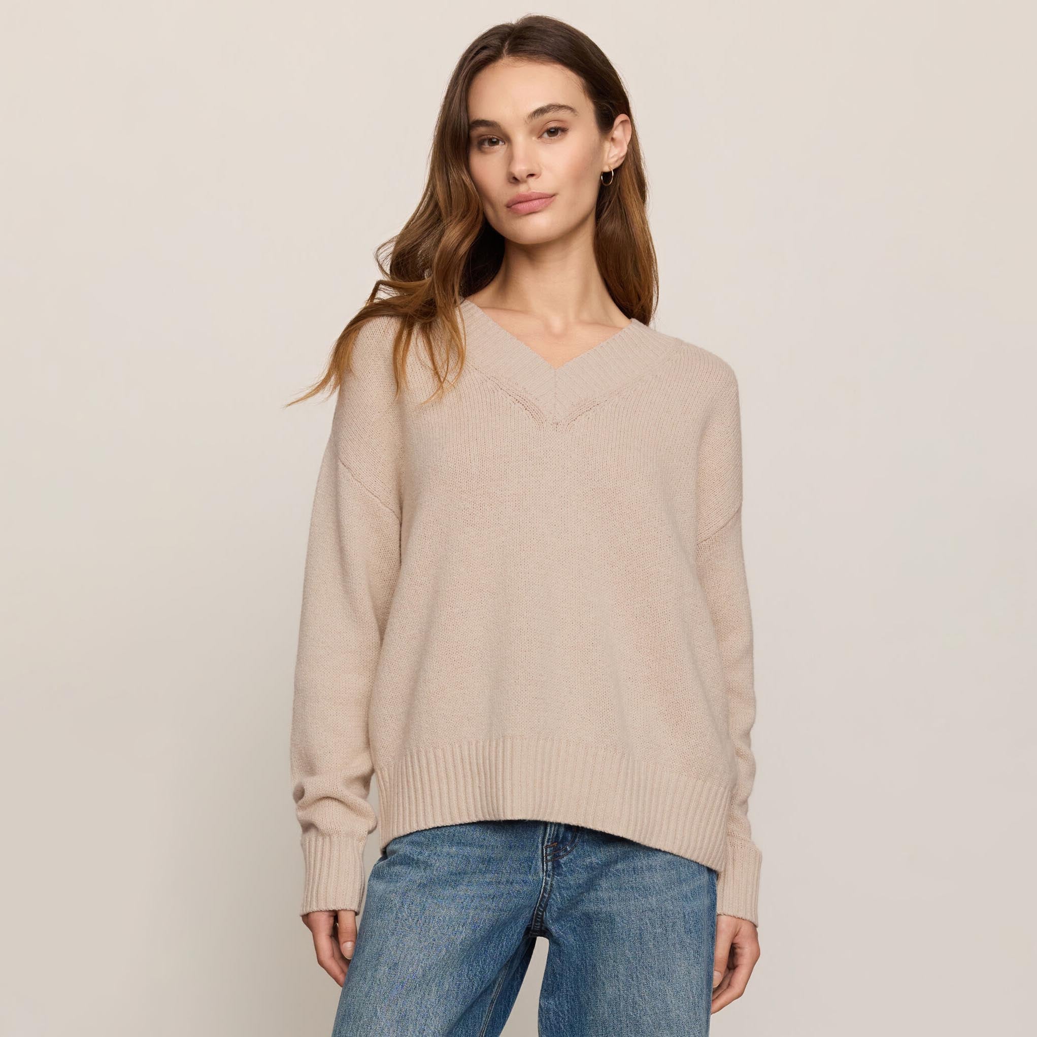 Z Supply Cloud Spun V-neck Sweater in Frosted Pearl shown on model on plain background.