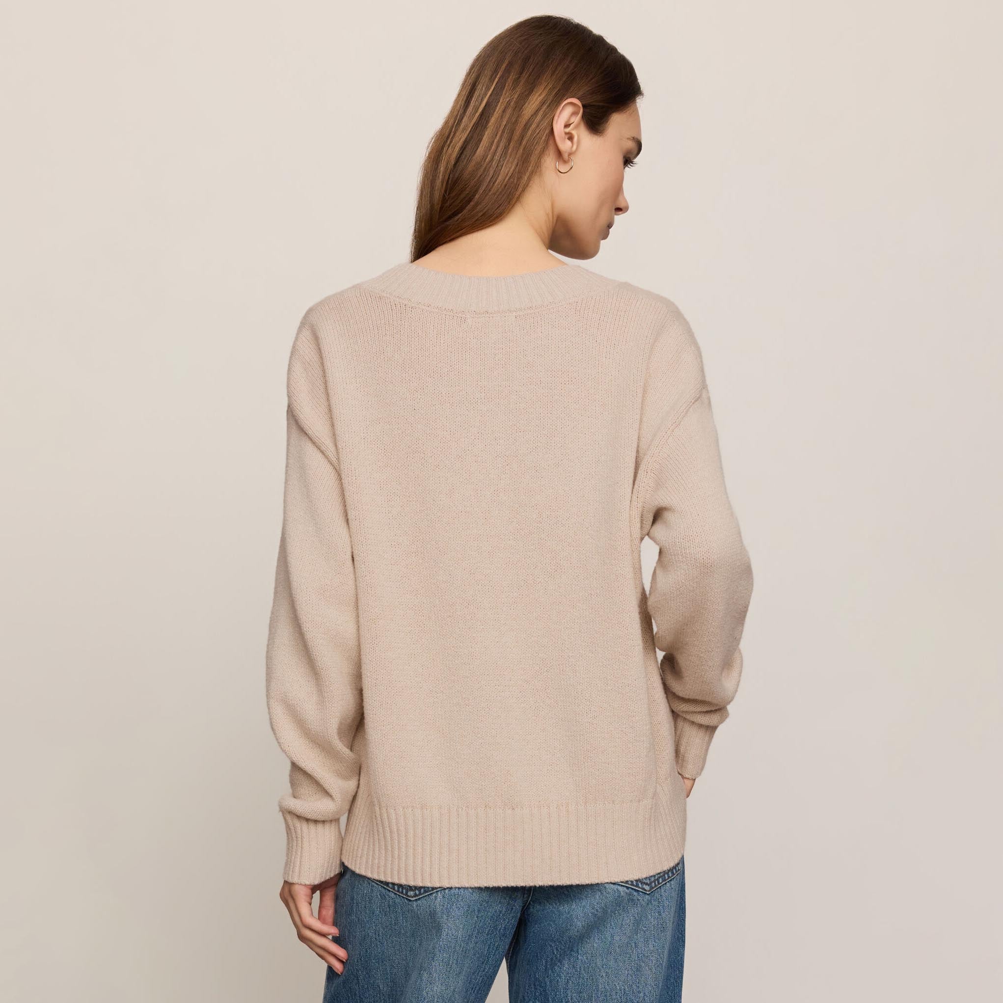 Z Supply Cloud Spun V-neck Sweater in Frosted Pearl shown on model on plain background.