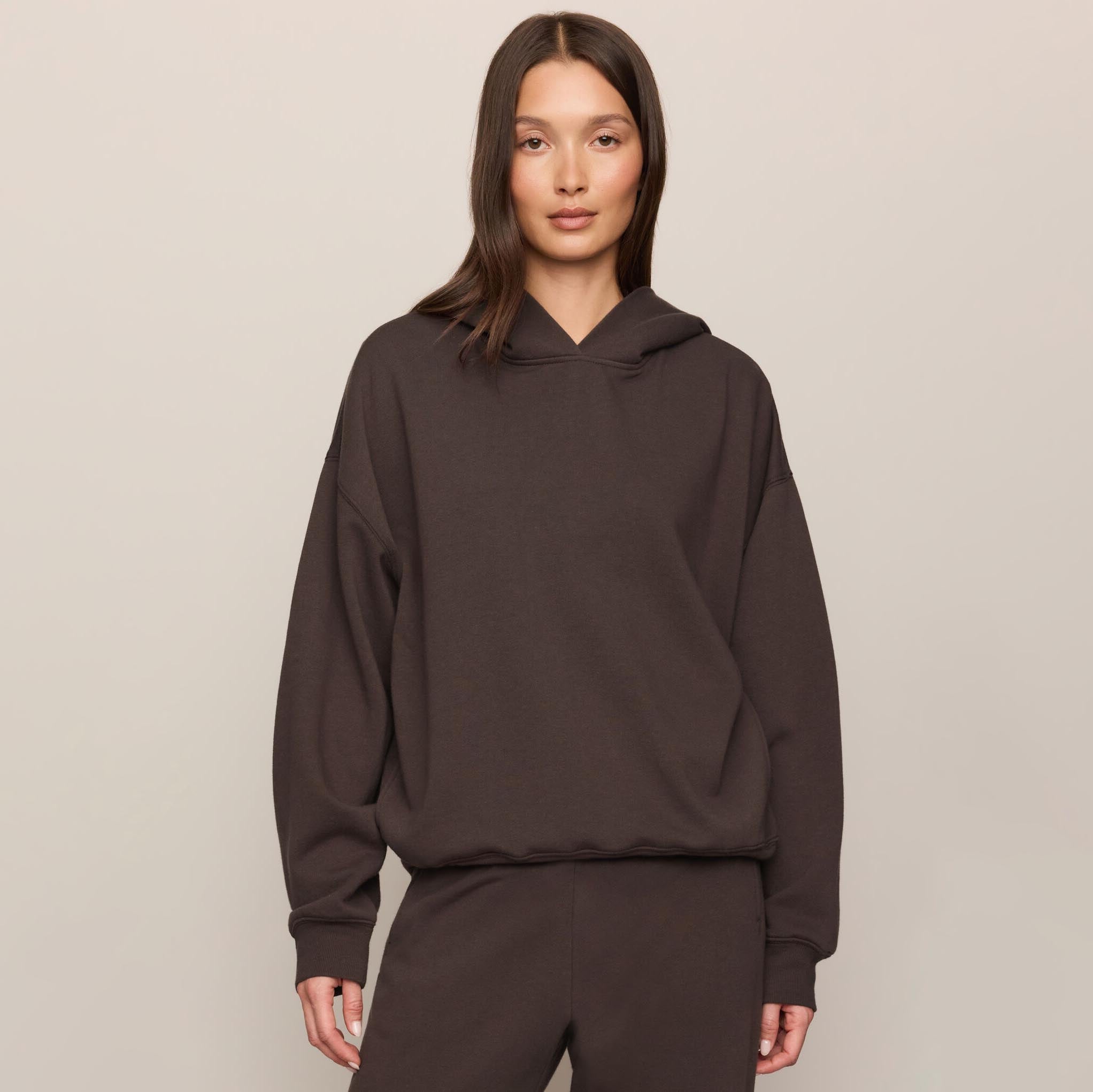 Z Supply First Quarter Hoodie in Cocoa Bean shown on model on plain background.