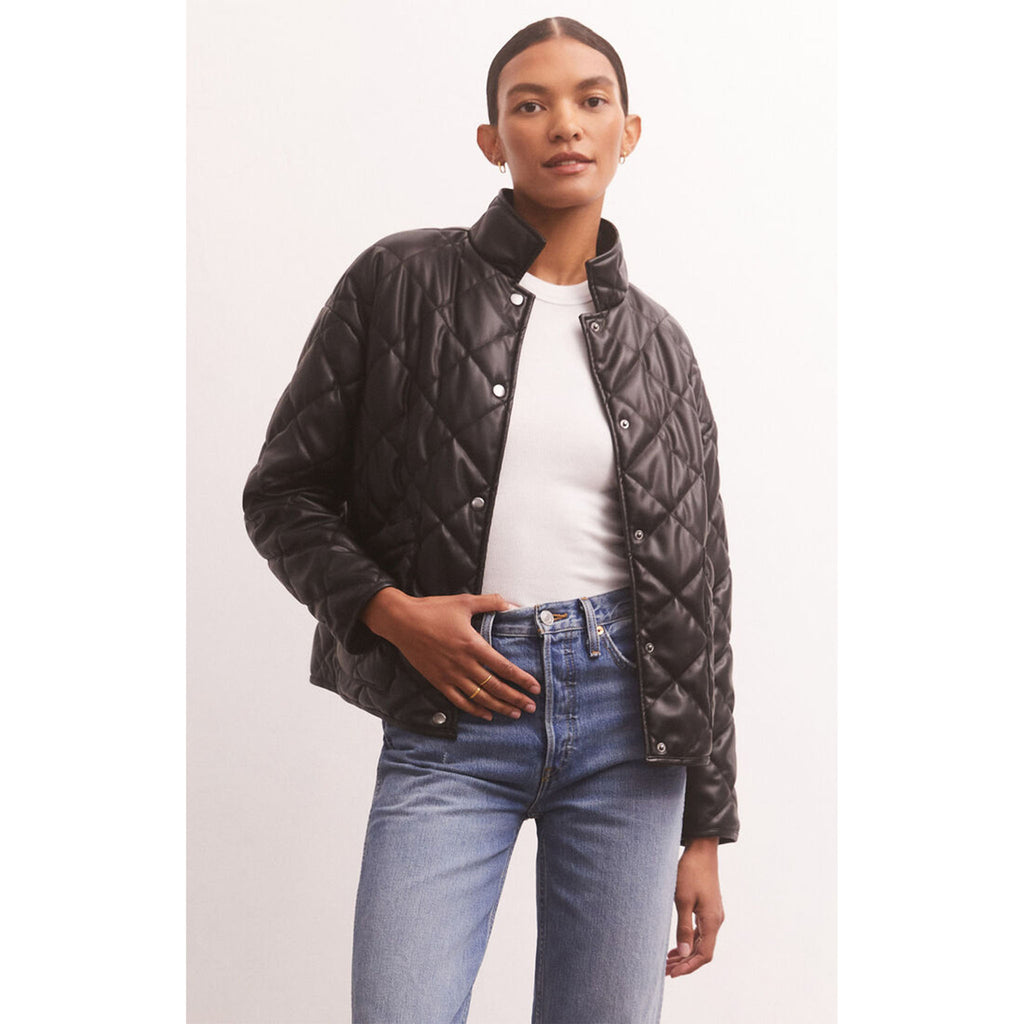 Model wearing jeans with Z Supply Heritage Faux Leather Jacket in Black