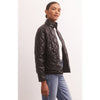 Model wearing jeans with Z Supply Heritage Faux Leather Jacket in Black