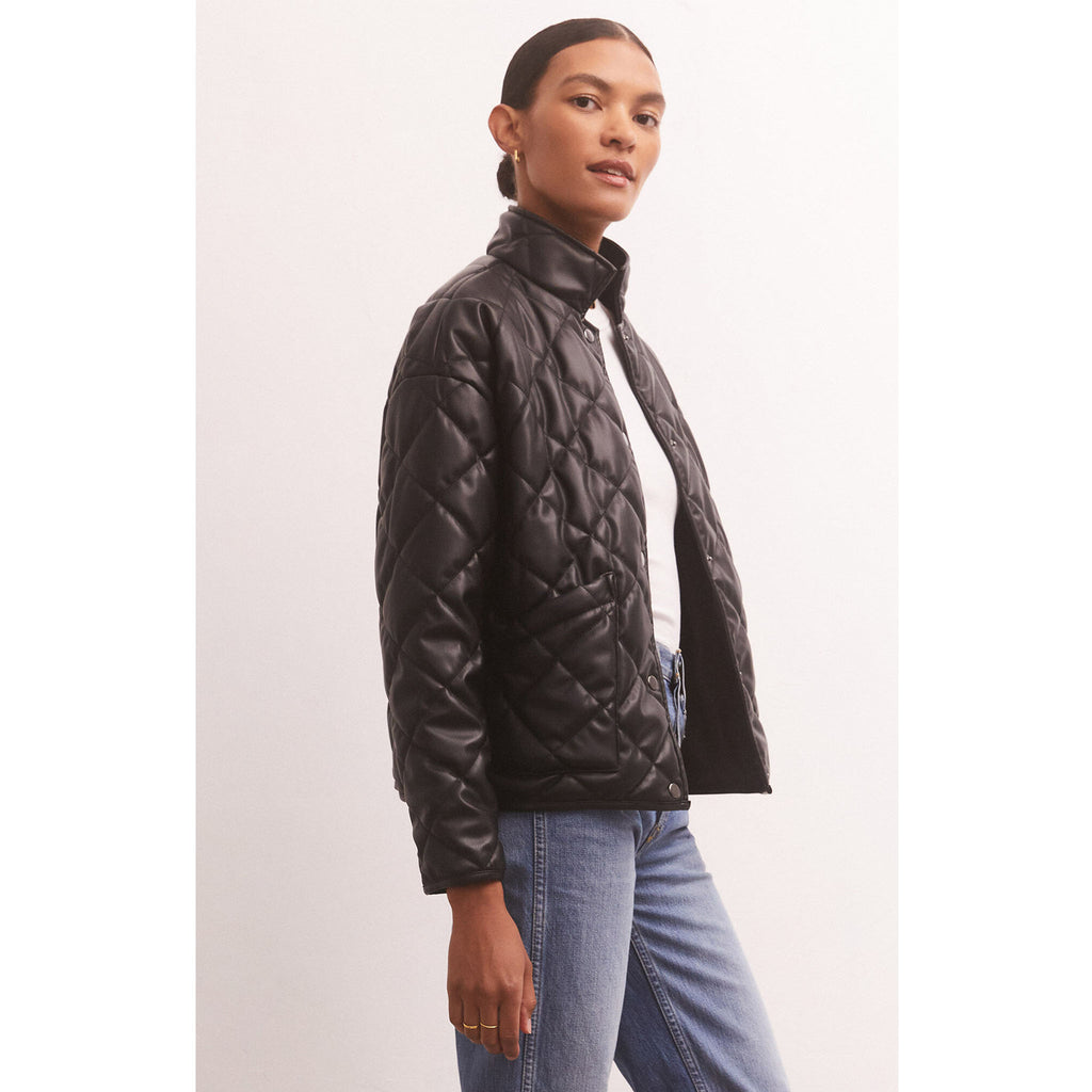 Model wearing jeans with Z Supply Heritage Faux Leather Jacket in Black