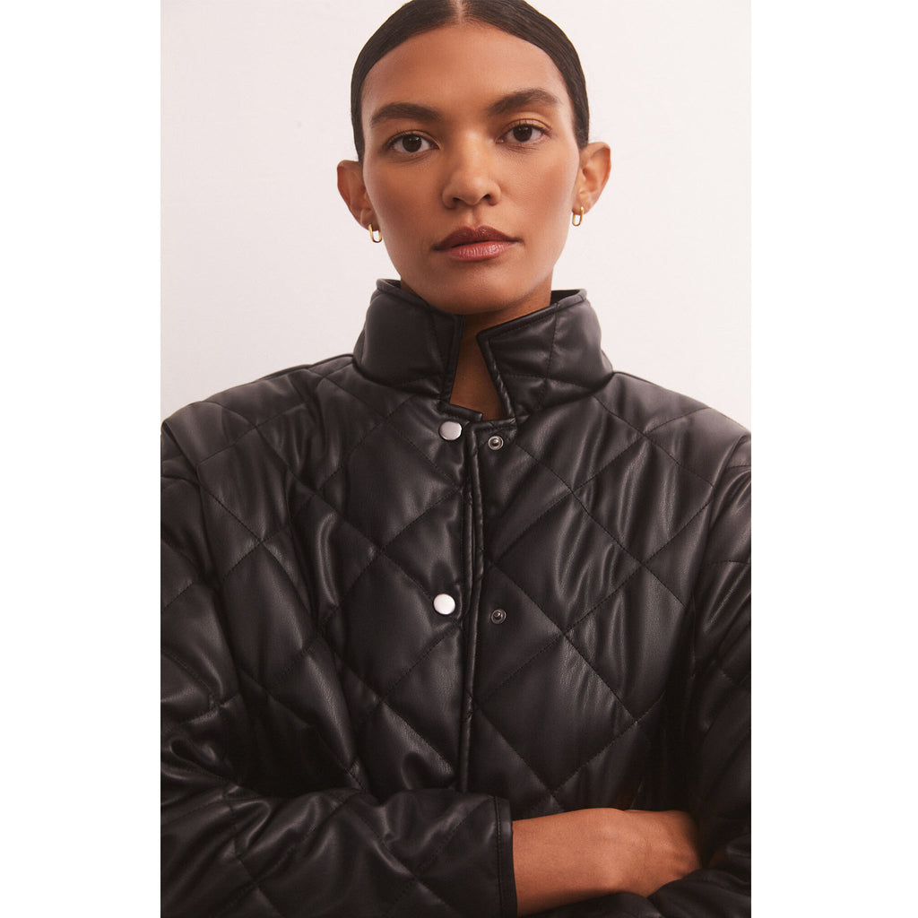 Model wearing Z Supply Heritage Faux Leather Jacket in Black