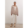 Model wearing Z Supply Jordan Jacket in Heather Latte with beige pants and tan booties in front of a beige wall
