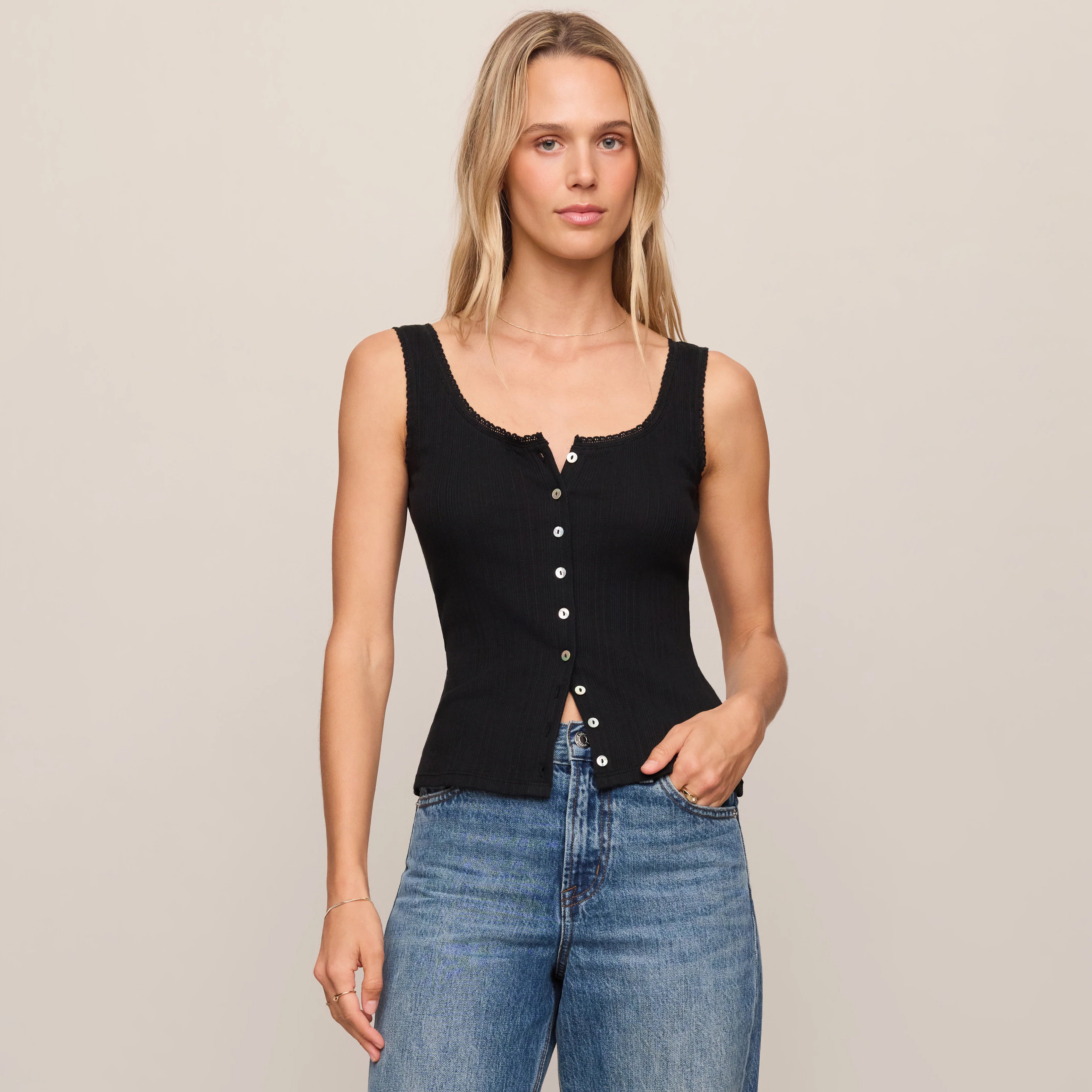 Z Supply Lainey Pointelle Tank in Black shown on model on plain background.